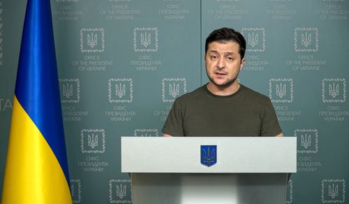 Ukrainian President Volodymyr Zelenskyy speaks to the nation in Kyiv, Ukraine, Sunday, Feb. 27, 2022. 