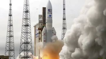 In this image provided by the European Space Agency, an Ariane rocket carrying the robotic explorer Juice takes off from Europe&#x27;s Spaceport in French Guiana, Friday, April 14, 2023. 