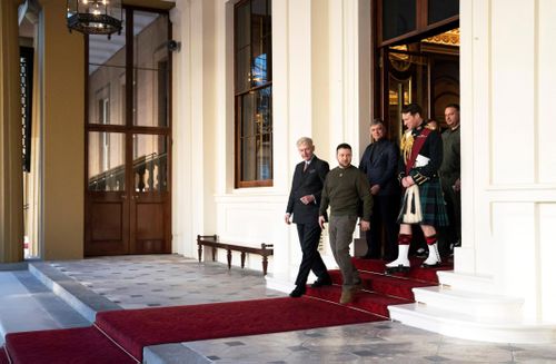 Ukrainian President Volodymyr Zelensky fired his ambassador to the United Kingdom, Vadym Prystaiko, on Friday. Zelensky and Prystaiko here leave following an audience with King Charlies III at Buckingham Palace, February 8.