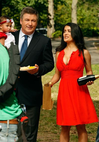 Actor Alec Baldwin and Salma Hayek filming on location for "30 Rock" on October 10, 2008 in New York City. 