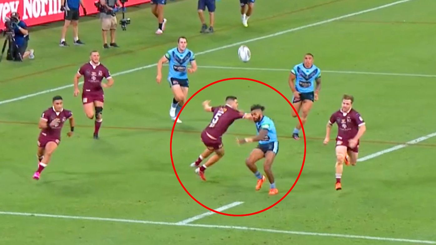 Josh Addo-Carr is fouled as he ran for a loose ball toward the try-line