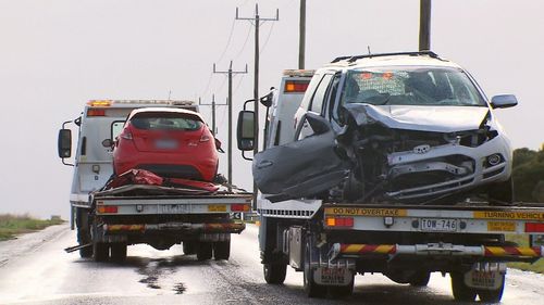 Police allege a Ford Territory was overtaking a Honda SUV and collided head-on with a Ford Focus. Picture: 9NEWS 