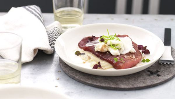 Sesame tuna with white miso eggplant, crab meat dressing, shiso and bonito