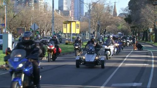 The officer was among 300 riders in the Wall to Wall Ride who set out from the Victoria Police Memorial in St Kilda Road, Melbourne headed for Merimbula and then on to Canberra on Saturday.