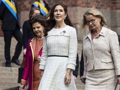 STOCKHOLM, SWEDEN - MAY 6: Queen Silvia, of Sweden, and Queen Mary, of Denmark, arrive at the Swedish Royal Institute of Technology on May 6, 2024 in Stockholm, Sweden. The King and Queen of Denmark are on a two day official state visit to Sweden, marking their first state visit since the King's ascension. (Photo by Michael Campanella/Getty Images)