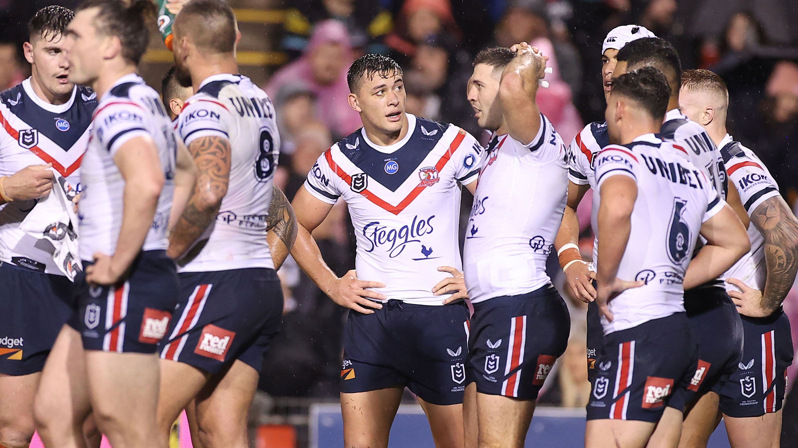 Sydney Roosters players after conceding a try against the Panthers.