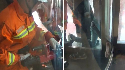 Firefighters had to widen the space between the door and the frame in order to free the boy the boy's leg. (CCTV)