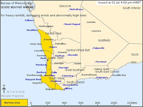 The Bureau's warning includes Perth and much of WA's coast. (BoM)