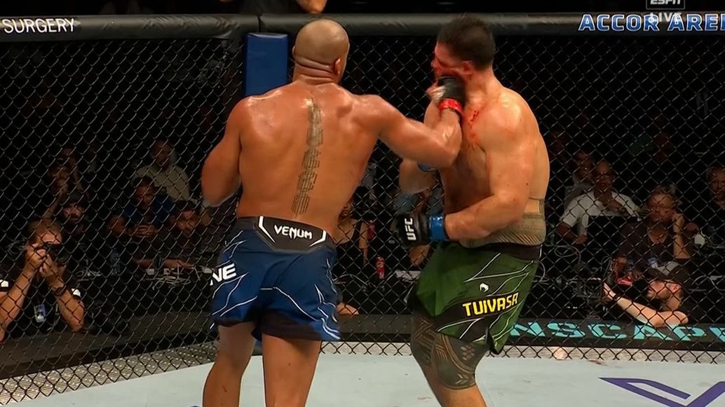 Tai Tuivasa is knocked out by Cyril Gane in the UFC.