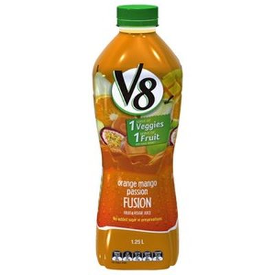 <strong>Orange
Mango &amp; Passionfruit V8 Juice = 10.2 grams of sugar per 100ml</strong>