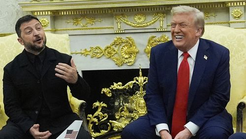 President Donald Trump meets with Ukraine's President Volodymyr Zelenskyy in the Oval Office of the White House, Monday, Aug. 18, 2025, in Washington.