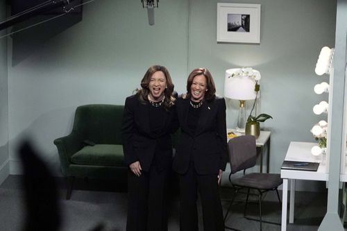 Democratic presidential nominee Vice President Kamala Harris appears on NBC's "Saturday Night Live," with Maya Rudolph, Saturday, Nov. 2, 2024 in New York. Harris has made an unannounced trip to New York to appear briefly stepping away from the battleground states she's been campaigning in with just three days to go before the election. (AP Photo/Jacquelyn Martin)