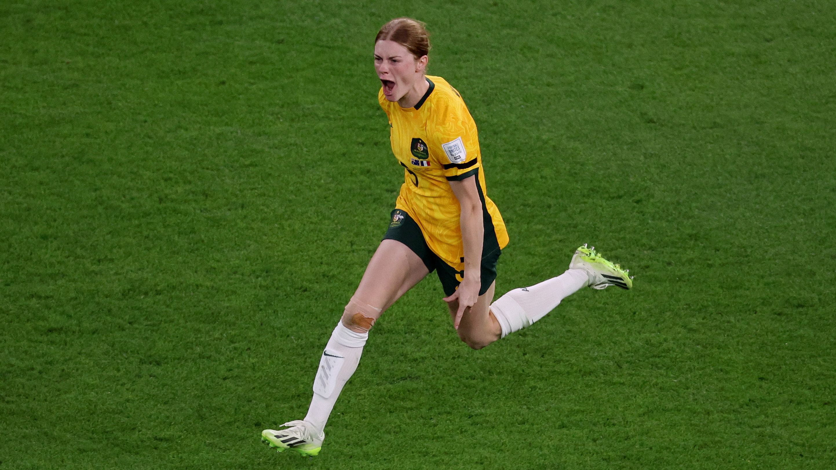 Australia&#x27;s Cortnee Vine celebrates scoring a penalty for Australia&#x27;s Matildas during the penalty shootout and progressing to the semi finals of the FIFA Women&#x27;s World Cup.