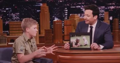 A flashback of a then 13-year-old Robert Irwin appearing on The Tonight Show Starring Jimmy Fallon.