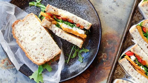 Roasted pumpkin, feta, rocket and capsicum sandwich recipe by Abbott's Village Bakery