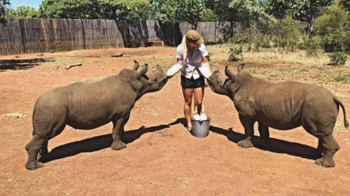 Laura Ellison feeding rhinos. (Instagram / @lauraellison)