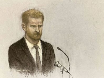 Court artist sketch by Elizabeth Cook Britain's Prince Harry gives evidence at the Rolls Buildings in central London, Tuesday, June 6, 2023 during the phone hacking trial against Mirror Group Newspapers