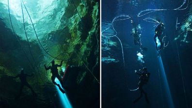 <p>South Australian police have released stunning images of their officers diving to great depths inside some of the state’s deepest underwater sink holes.</p><p>Ten members of the South Australian Police Water Operations team documented their descent into the murky waters of ‘Kilsbys Sinkhole’ and ‘The Shaft’ near Mount Gambier, two sinkholes that are renowned for their depth and water clarity.</p><p>Pictures from underneath the surface reveal an otherworldly landscape, a desolate and hostile world that is only occasionally illuminated by bright beams of sunlight from above.</p><p>Kilsbys Sinkhole is approximately 65 metres deep, while ‘The Shaft’ drops to an almost unimaginable 120 metres. &nbsp;</p><p>Police divers are often deployed to search for missing people, often in deep water locations. Divers may also be instructed to search for weapons in areas of zero visibility.</p><p>Tap through the gallery to see the remarkable images and video.&nbsp;</p>