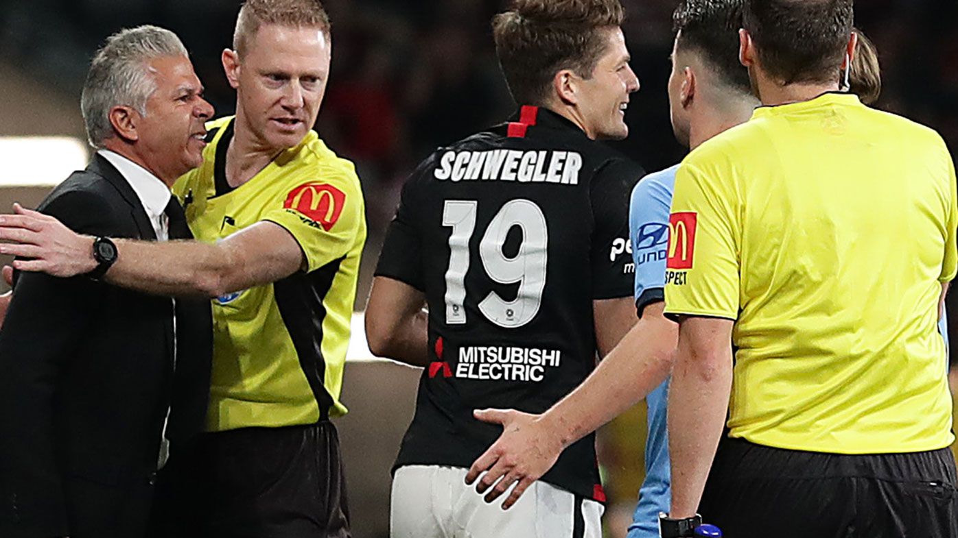 Sydney FC coach Steve Corica reacts to a call during the match against the Wanderers.