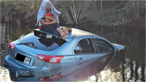 A 30-year-old man is in custody after allegedly crashing into multiple cars at high-speed before landing in wetlands at Dry Creek where he was stranded on the car's roof.