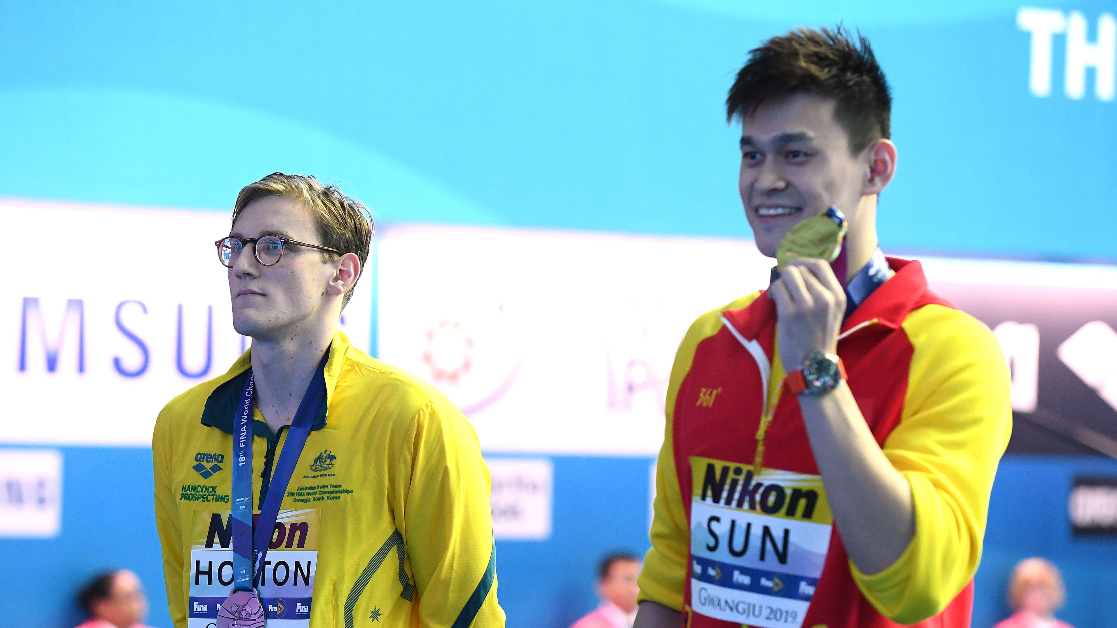 Silver medalist Mack Horton of Australia and gold medalist Sun Yang of China in 2019.