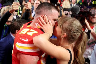 LAS VEGAS, NEVADA - FEBRUARY 11: Travis Kelce #87 of the Kansas City Chiefs kisses Taylor Swift after defeating the San Francisco 49ers 2 during Super Bowl LVIII at Allegiant Stadium on February 11, 2024 in Las Vegas, Nevada. (Photo by Ezra Shaw/Getty Images)