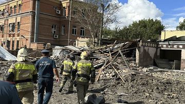 This photo released by Telegram Channel of Rostov-on-Don Region Governor Vasiliy Golubev shows the site of an explosion in Taganrog, Russia, Friday, July 28, 2023.  