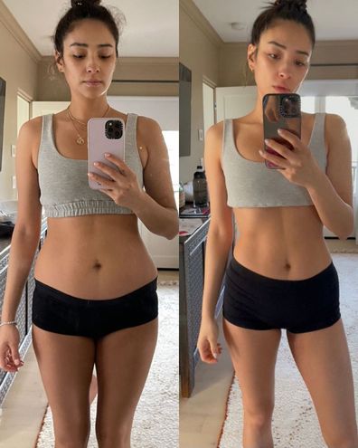 Shay Mitchell shares before and after workout photos.