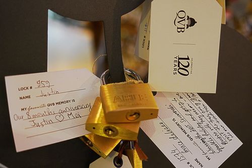 Interactive 'birthday' structure inspired by lock locks of Paris and the golden key used to open the QVB doors when it was first erected. Picture: AAP