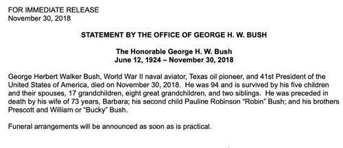 George HW Bush has died, confirmed his office, age 94.