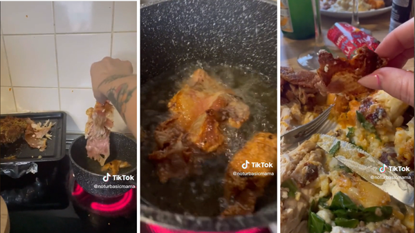 Split images of turkey crackle cooking process suggested by TikToker @noturbasicmama. First is of her holding piece of turkey skin above oil, second shows turkey skin in oil while third shows the result: her having the crackle with her meal.