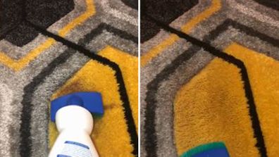 Woman removes red wine stain from carpet in seconds