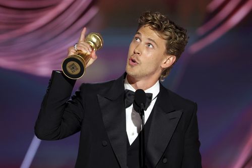 Austin Butler accepting the Best Actor in a Motion Picture  Drama award for "Elvis" during the 80th Annual Golden Globe Awards