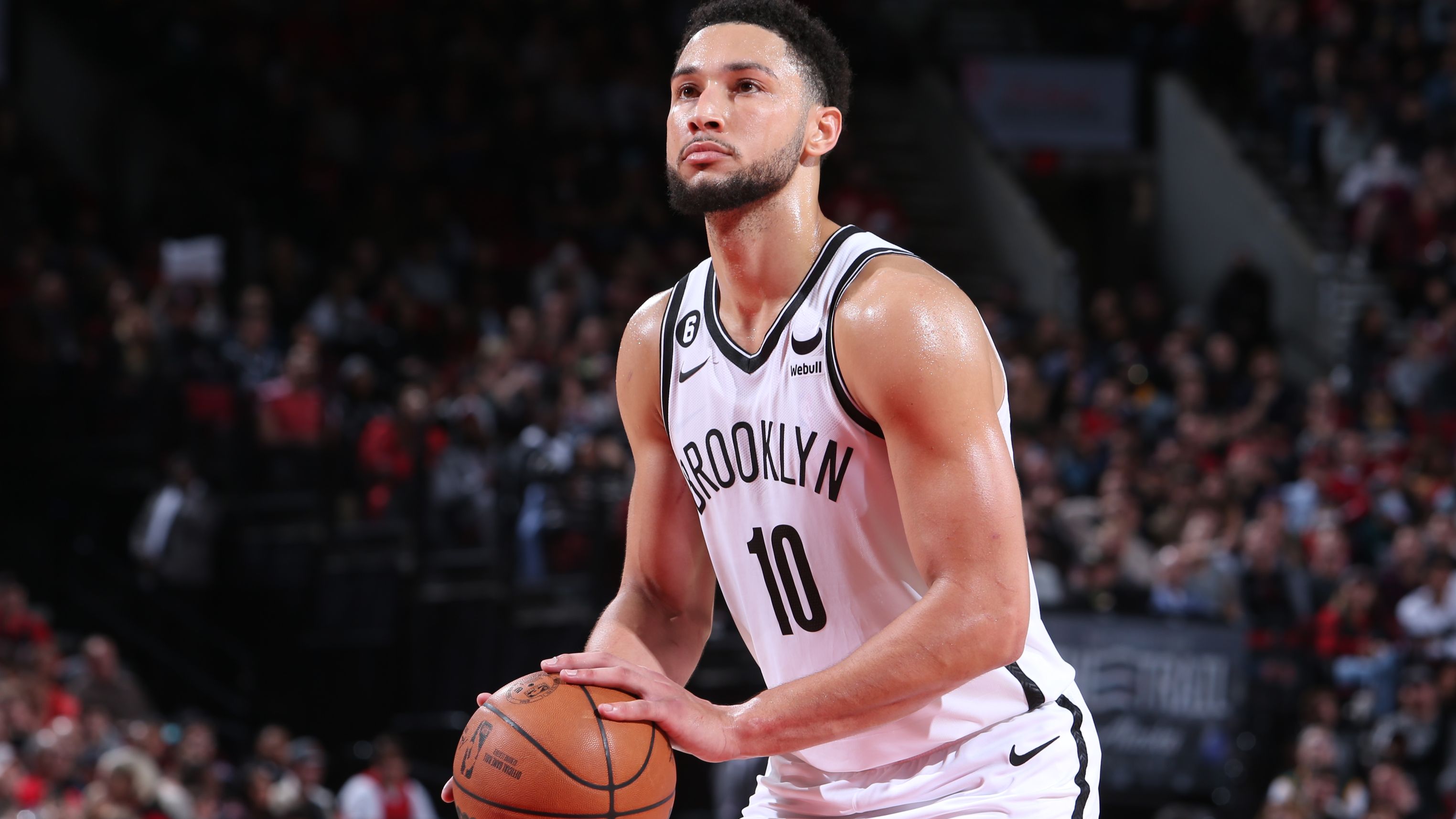 PORTLAND, OR - NOVEMBER 17: Ben Simmons #10 of the Brooklyn Nets shoots a free throw during the game against the Portland Trail Blazers on November 17, 2022 at the Moda Center Arena in Portland, Oregon. NOTE TO USER: User expressly acknowledges and agrees that, by downloading and or using this photograph, user is consenting to the terms and conditions of the Getty Images License Agreement. Mandatory Copyright Notice: Copyright 2022 NBAE (Photo by Sam Forencich/NBAE via Getty Images)