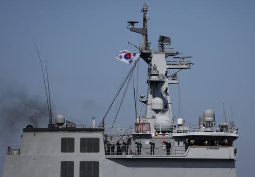 The Republic of Korea Navy ship ROKS Soyang (AOE-51) participates in an International Fleet Review commemorating the 70th anniversary of the founding of the Japan Maritime Self-Defence Force at Sagami Bay.