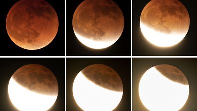 In this combination of photos, the moon shines during a full lunar eclipse, upper left, and then at various stages as it emerges from the earth's shadow, Sunday, May 15, 2022, near Moscow, Idaho. The orange color of the moon is caused by the Moon passing into the shadow of the Earth. (AP Photo/Ted S. Warren)