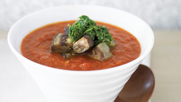 Tomato soup with eggplant and parsley pistou