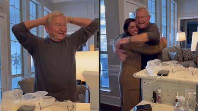 Grandpa embracing his granddaughter after finding out she is pregnant.