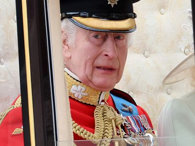 King Charles III during Trooping the Colour at Buckingham Palace on June 15, 2024 in London, England.  