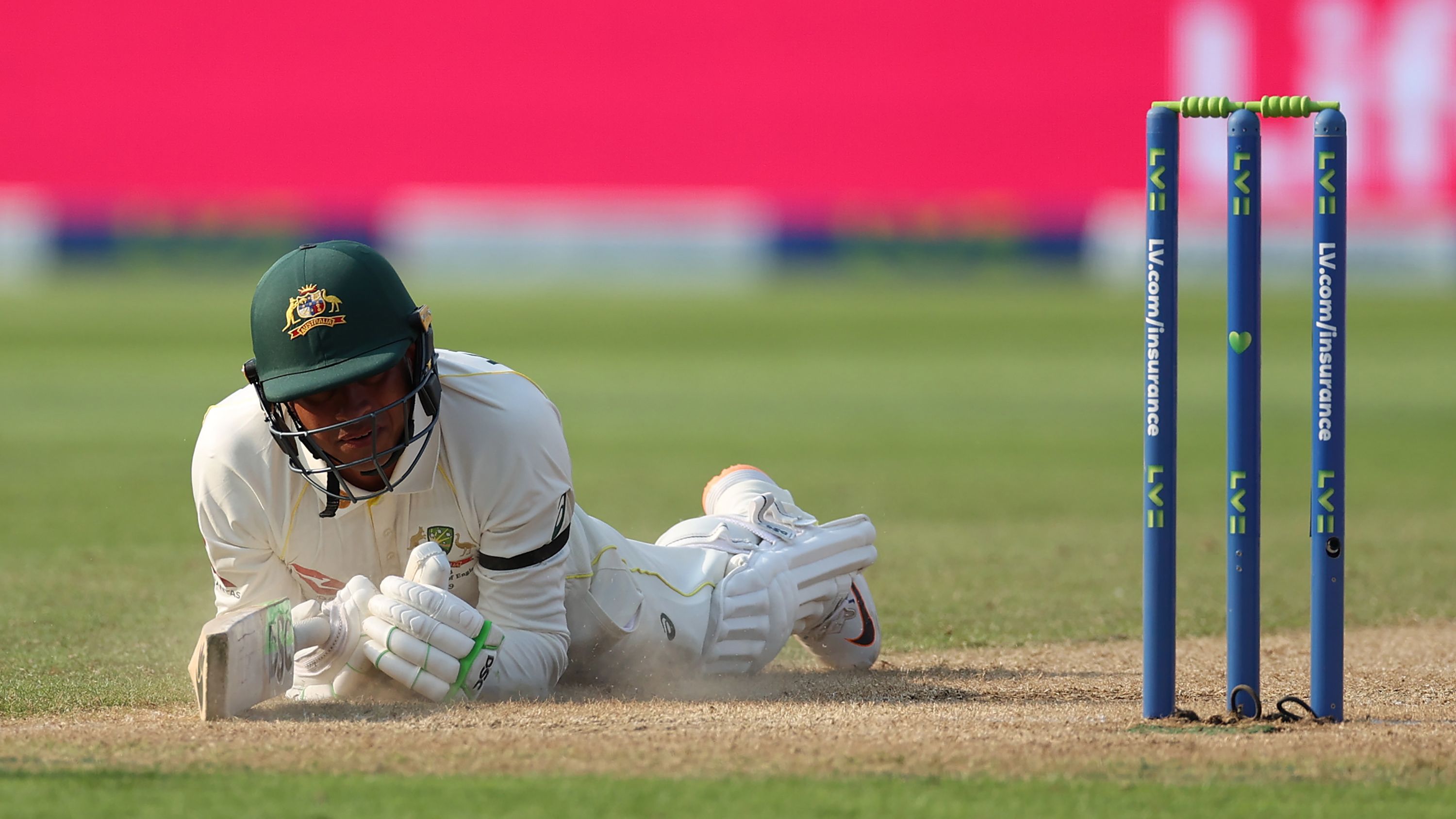 BIRMINGHAM, ENGLAND - JUNE 16: Usman Khawaja of Australia dives in to make his ground during Day One of the LV= Insurance Ashes 1st Test match between England and Australia at Edgbaston on June 16, 2023 in Birmingham, England. (Photo by Ryan Pierse/Getty Images)