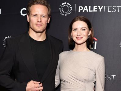 NEW YORK, NEW YORK - OCTOBER 16: (L-R) Sam Heughan and Caitriona Balfe attend Outlander: 10th Anniversary Celebration At PaleyFest on October 16, 2024 in New York City. (Photo by Jamie McCarthy/Getty Images for STARZ)