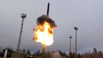 An intercontinental ballistic missile is launched from a truck-mounted launcher in Russia.