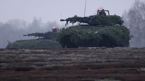 Puma infantry fighting vehicles of Panzergrenadierbataillon 122, a mechanized infantry unit of the Bundeswehr, the German armed forces, participate in a live fire exercise during a visit by German Defence Minister Boris Pistorius 