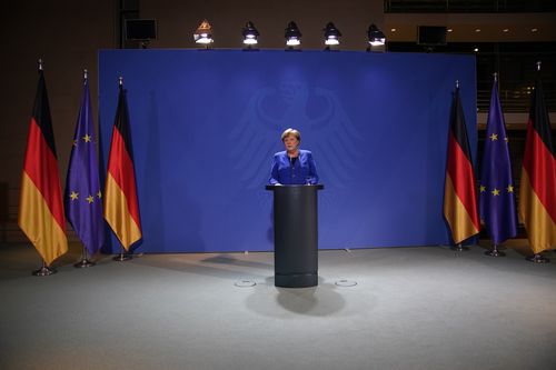 German Chancellor Angela Merkel speaks to the media following a video call she had with other leaders and heads of states of the European Union at the Chancellery on March 17.