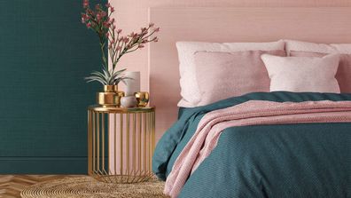 Bedroom interior with green and pink colours