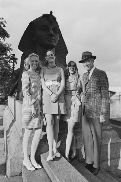 Hollywood actor James Stewart with his wife, actress and model Gloria Hatrick McLean and their twin daughters Judy and Kelly.