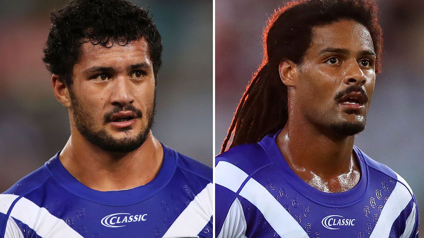 Corey Harawira-Naera and Jayden Okunbor of the Bulldogs face serious punishment from the club over the recent schoolgirl scandal. (Getty)
