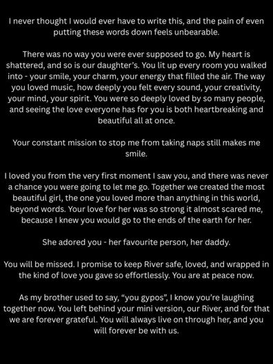 The reality star has penned a devastating tribute to her former partner and the father of her young daughter