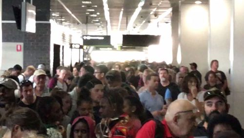 There are massive lines for passengers to be rescreened following an evacuation at Cairns Airport. Picture: Supplied