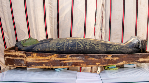 Archeologists unveiled the lost treasures on Sunday. Included in the find were ancient coffins and a four metre long papyrus, which included spells from 'The Book of the Dead'. (AP Photo/Nariman El-Mofty)